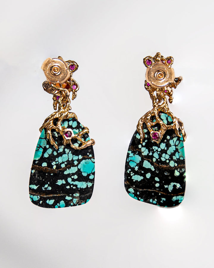 Back view of detachable earrings, revealing its molten design scuplted over Turquoise, Orange Sapphire, Rubies, and Diamonds