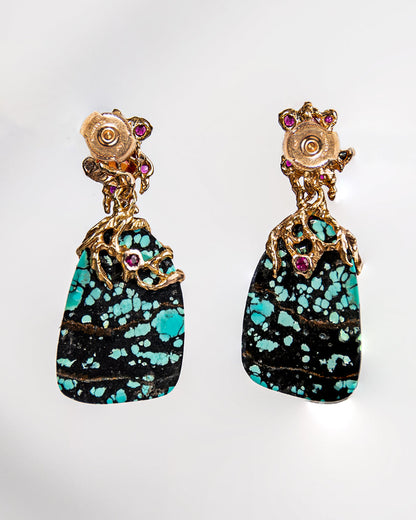 Back view of detachable earrings, revealing its molten design scuplted over Turquoise, Orange Sapphire, Rubies, and Diamonds