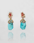 front view of Lava 18K Rose Gold Earrings with special-cut cabochon Turquoise, pear-cut faceted Orange Sapphires, round faceted Rubies & round faceted Diamonds