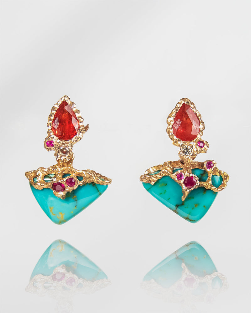 front view of 18K gold detachable earrings, featuring vibrant turquoise, orange sapphire, rubies, and diamonds in an organic design