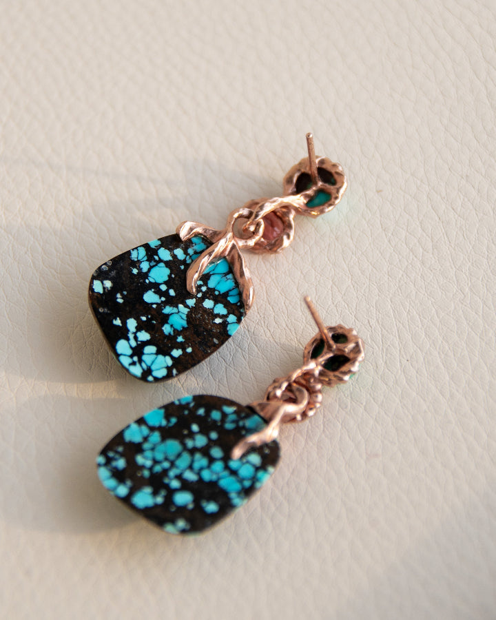underside of earrings with sculpted gold-plated silver backing, revealing the free-form setting holding each turquoise and pink tourmaline