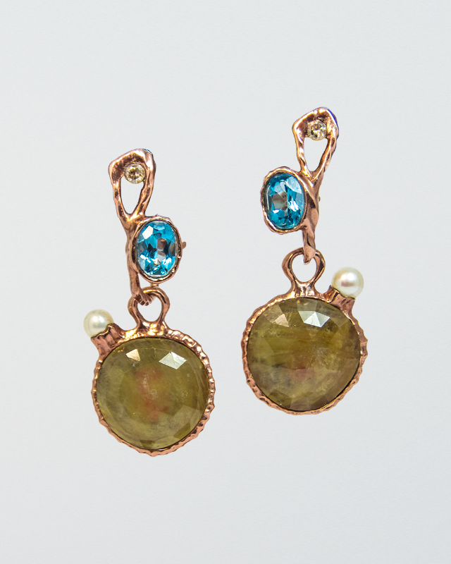 Nisi Pebble Earring Charms with Yellow-Green Sapphires, Garnets and Freshwater Pearls SKU NI-E-994-RG