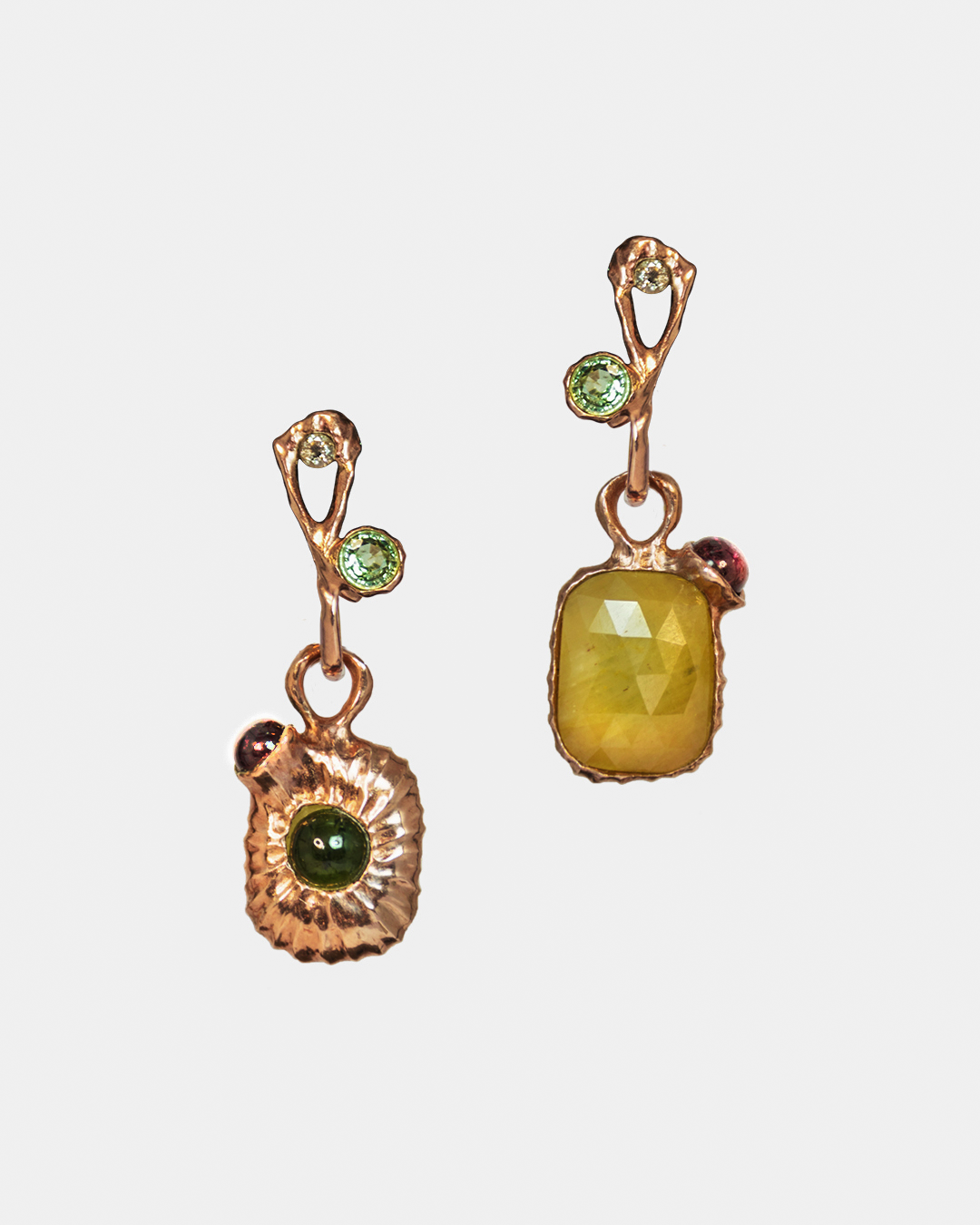 earring set with detachable drops featuring yellow sapphires, green tourmalines and pink tourmalines set in a free-form silver setting, demonstrating its reversible design