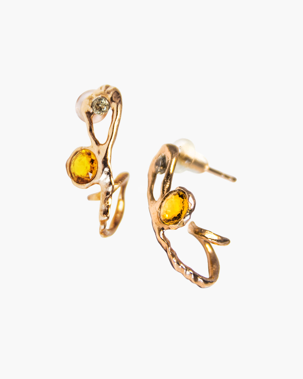 A pair of hoop earrings featuring citrine and diamonds framed in a free-form gold-plated silver setting