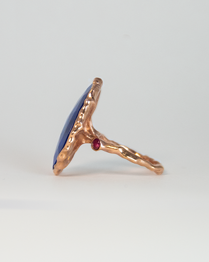 profile of a silver ring, presenting the ruby side stone set in a free-form, abstract band