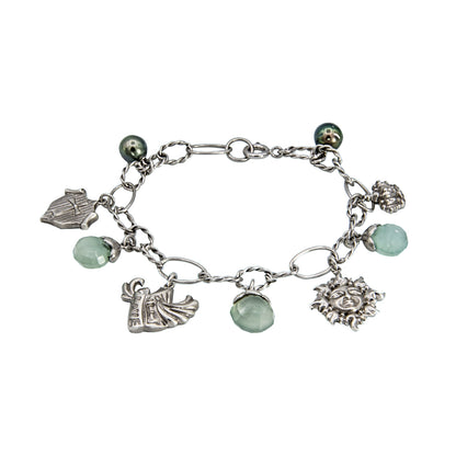 Sterling silver charm bracelet with black Tahitian pearls and green chalcedony