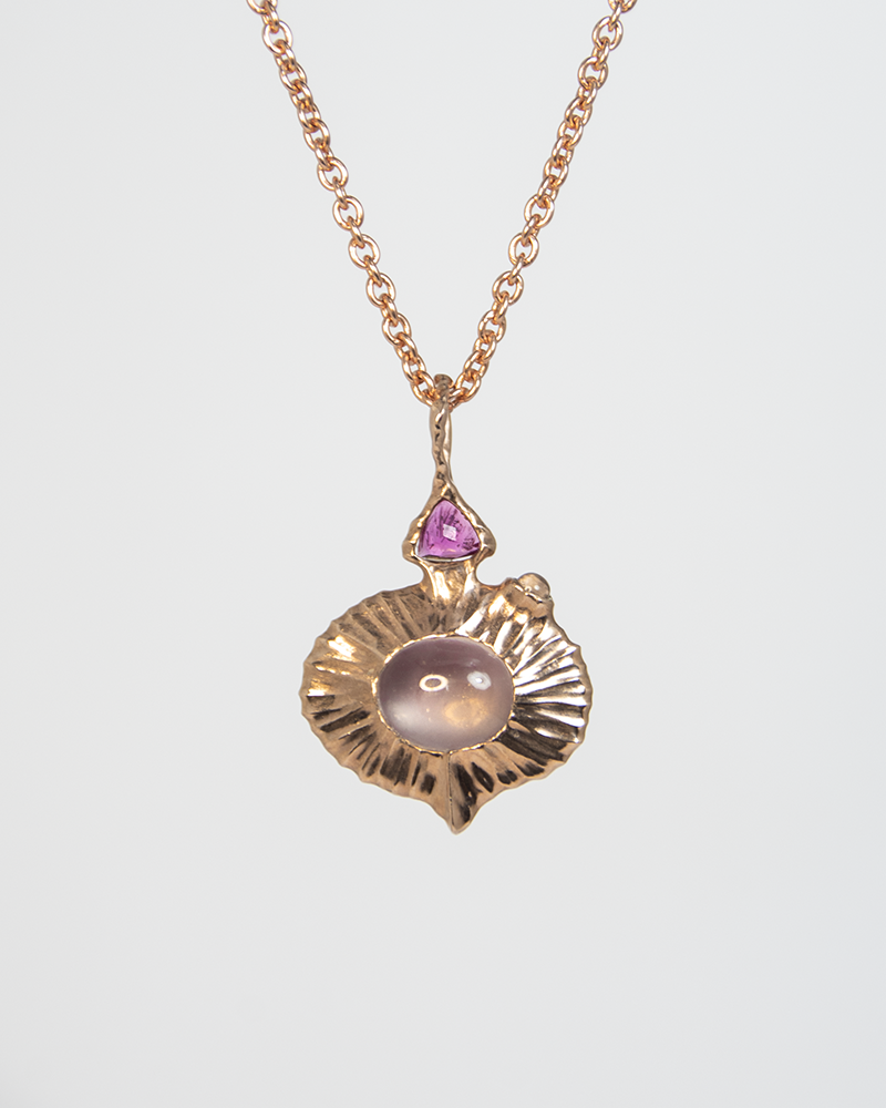 Front view of Nisi Vessel Pendant in 18K Rose Gold with Ruby (reverse side), Rose Quartz, Rubellite and Moonstone on 18K Rose Gold Chain
