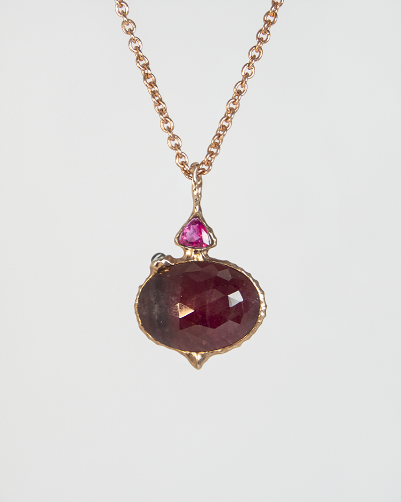 Front view of Nisi Vessel Pendant in 18K Rose Gold with Ruby, Rubellite, Moonstone and Rose Quartz (reverse) on 18K Rose Gold Chain
