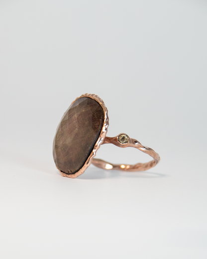 Nisi Island Ring in 18K Rose Gold with Gold-Sheen Sapphire accented by Dusty Diamond